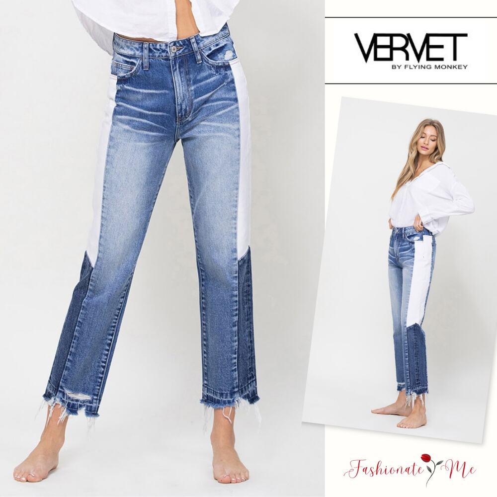 VERVET BY FLYING MONKEY Blue and White Straight Leg Jeans
